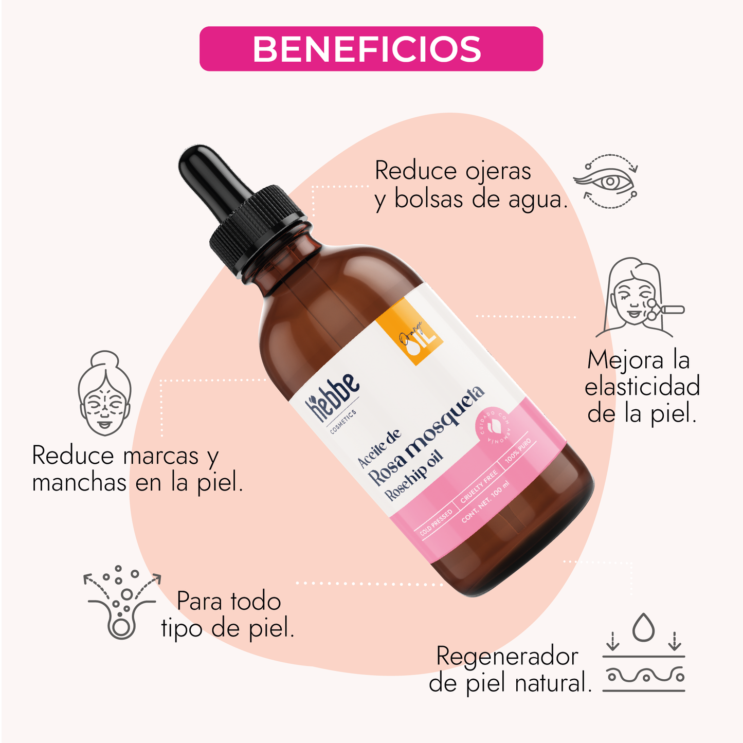 Aceite de Rosa Mosqueta Hebbe Virgen | Facial y corporal | Regenerador, AntiEdad, AntiEstrias y Hidratante en zona de contorno de ojos