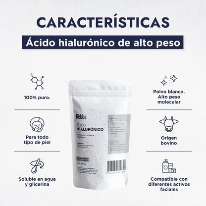 Ácido Hialurónico (Alto Peso Molecular) | Penetración cutánea superficial | Humectante Filmógeno y Relleno Inmediato